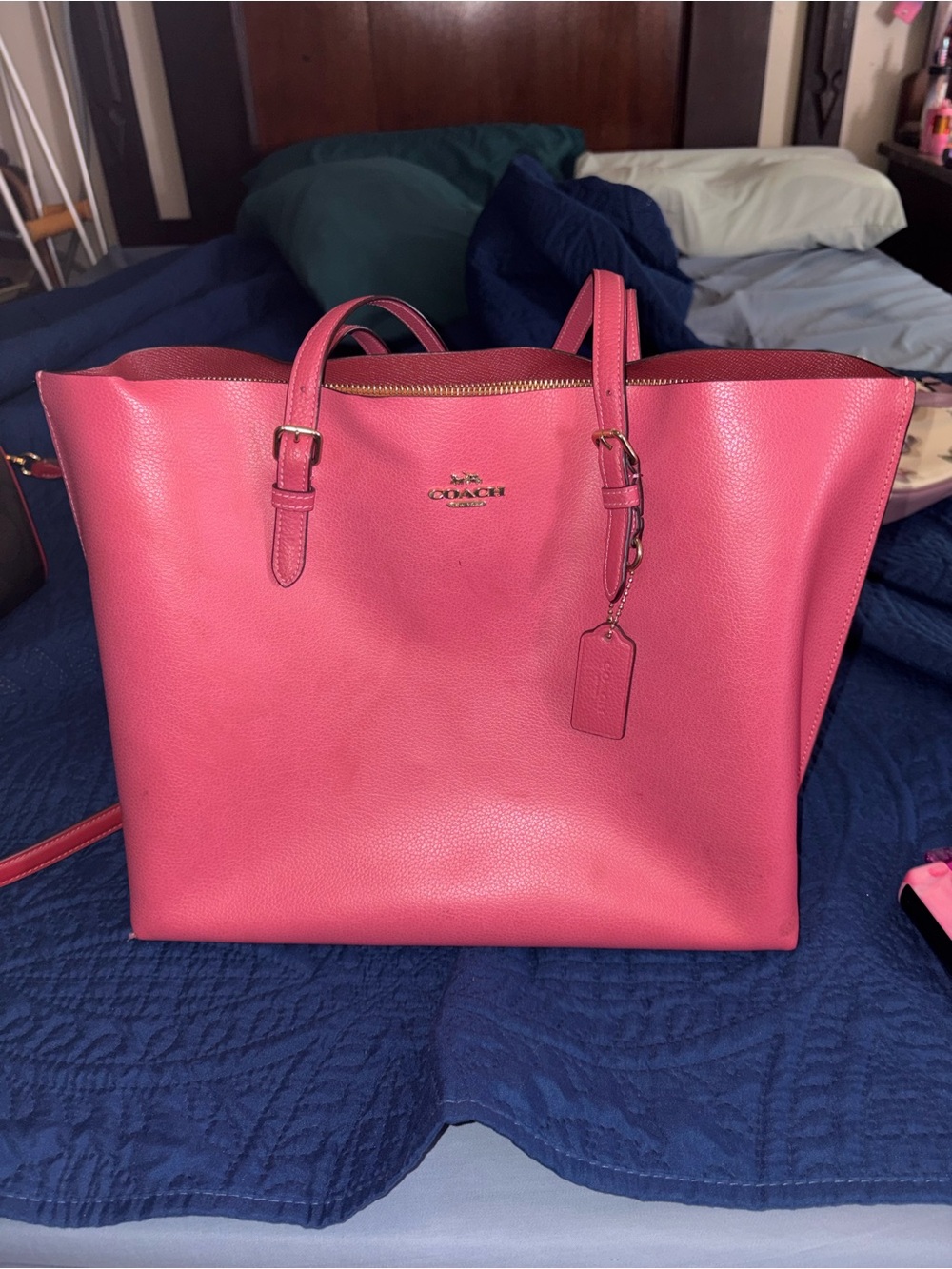 Coach Coral Pink Leather Tote with Gold Accents